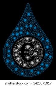 Bright mesh Euro liquid drop with lightspot effect. Abstract illuminated model of Euro liquid drop icon. Shiny wire carcass polygonal mesh Euro liquid drop. Vector abstraction on a black background.