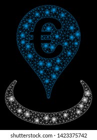 Bright mesh Euro location with glow effect. Abstract illuminated model of Euro location icon. Shiny wire carcass polygonal network Euro location. Vector abstraction on a black background.