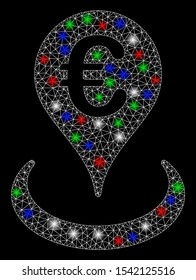 Bright mesh Euro location with lightspot effect. White wire frame polygonal mesh in vector format on a black background. Abstract 2d mesh designed with polygonal grid, small circle,