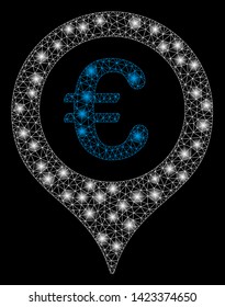 Bright mesh Euro map marker with glare effect. Abstract illuminated model of Euro map marker icon. Shiny wire frame triangular mesh Euro map marker. Vector abstraction on a black background.