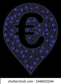 Bright mesh Euro map marker with lightspot effect. Abstract illuminated model of Euro map marker icon. Shiny wire frame polygonal mesh Euro map marker. Vector abstraction on a black background.