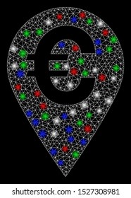 Bright mesh Euro map marker with glare effect. White wire frame triangular mesh in vector format on a black background. Abstract 2d mesh designed with triangular lines, dots, colorful glare spots.