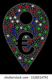 Bright mesh Euro map marker with lightspot effect. White wire frame polygonal mesh in vector format on a black background. Abstract 2d mesh built from polygonal grid, dots, colorful flash spots.
