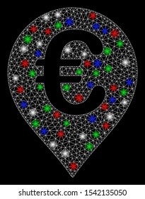 Bright mesh Euro map marker with glare effect. White wire carcass polygonal mesh in vector format on a black background. Abstract 2d mesh designed with triangles, dots, colorful flare spots.