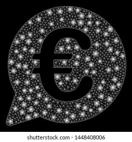 Bright mesh Euro message bubble with glare effect. Abstract illuminated model of Euro message bubble icon. Shiny wire frame polygonal mesh Euro message bubble.