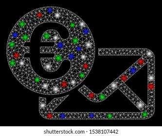 Bright mesh Euro message with glare effect. White wire carcass polygonal mesh in vector format on a black background. Abstract 2d mesh created from polygonal grid, dots, colored glare spots.