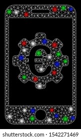 Bright mesh Euro mobile options with lightspot effect. White wire carcass triangular mesh in vector format on a black background. Abstract 2d mesh designed with polygonal grid, points,