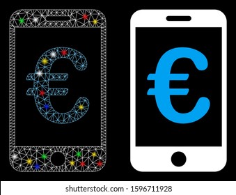 Bright mesh Euro mobile payment icon with glow effect. Abstract illuminated model of Euro mobile payment. Shiny wire carcass triangular mesh Euro mobile payment icon.