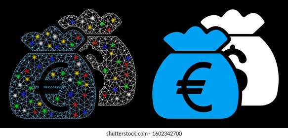 Bright mesh Euro money bags icon with glare effect. Abstract illuminated model of Euro money bags. Shiny wire frame triangular network Euro money bags icon. Vector abstraction on a black background.