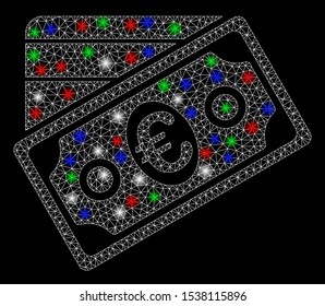 Bright mesh Euro money credit card with glare effect. White wire frame triangular network in vector format on a black background. Abstract 2d mesh designed with triangles, spheric points,