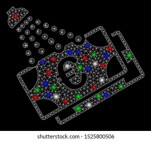 Bright mesh Euro money laundry with glare effect. White wire carcass triangular mesh in vector format on a black background. Abstract 2d mesh created from polygonal grid, dots, colored glare spots.