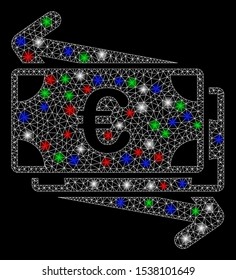 Bright mesh Euro money transfer with glare effect. White wire frame triangular mesh in vector format on a black background. Abstract 2d mesh created from triangular lines, small circle,