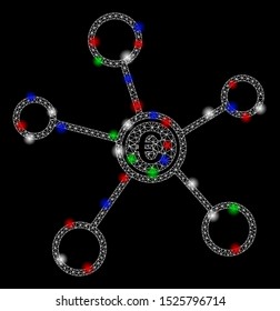 Bright mesh Euro network with glare effect. White wire carcass polygonal mesh in vector format on a black background. Abstract 2d mesh built from polygonal grid, small circle, colored light spots.