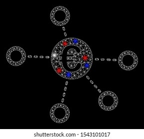 Bright mesh Euro network with glow effect. White wire frame polygonal mesh in vector format on a black background. Abstract 2d mesh designed with polygonal grid, points, colorful light spots.