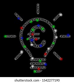 Bright mesh Euro power bulb with glare effect. White wire carcass triangular mesh in vector format on a black background. Abstract 2d mesh designed with triangular lines, spheric points,