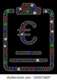 Bright mesh Euro prices with glow effect. White wire carcass polygonal mesh in vector format on a black background. Abstract 2d mesh designed with triangular lines, round dots, colored light spots.