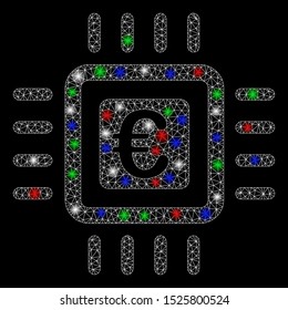 Bright mesh Euro processor with glow effect. White wire frame triangular mesh in vector format on a black background. Abstract 2d mesh designed with polygonal grid, points, colorful flash spots.