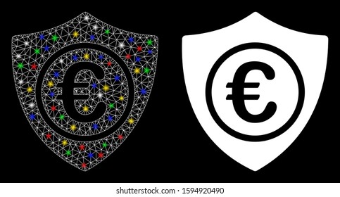 Bright mesh Euro protection icon with sparkle effect. Abstract illuminated model of Euro protection. Shiny wire frame polygonal mesh Euro protection icon. Vector abstraction on a black background.