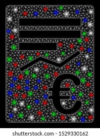 Bright mesh Euro report with lightspot effect. White wire carcass triangular mesh in vector format on a black background. Abstract 2d mesh designed with triangular lines, dots, colorful glare spots.