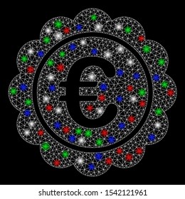 Bright mesh Euro reward seal with glare effect. White wire carcass polygonal network in vector format on a black background. Abstract 2d mesh designed with triangles, points, colored glare spots.