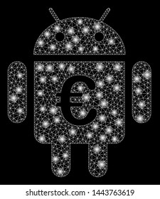 Bright mesh euro robot with glow effect. Shiny wire frame triangular mesh in vector format on a black background. Abstract 2d mesh designed with triangular lines, round dots, glossy flare spots.