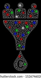 Bright mesh Euro sales funnel with glow effect. White wire frame triangular network in vector format on a black background. Abstract 2d mesh designed with triangular lines, dots, colored glare spots.
