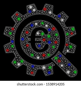Bright mesh Euro search options with glow effect. White wire frame polygonal mesh in vector format on a black background. Abstract 2d mesh created from polygonal grid, dots, colored light spots.