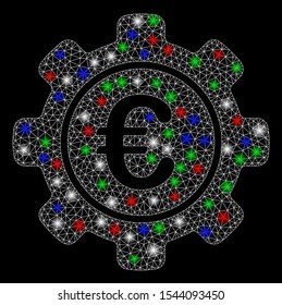 Bright mesh Euro settings with lightspot effect. White wire frame polygonal mesh in vector format on a black background. Abstract 2d mesh built from polygonal grid, round dots, colorful light spots.