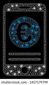Bright mesh Euro smartphone banking with sparkle effect. Abstract illuminated model of Euro smartphone banking icon. Shiny wire frame triangular mesh Euro smartphone banking.