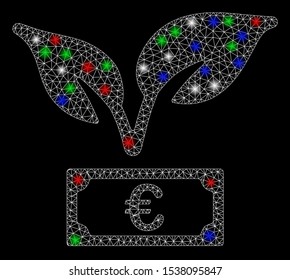 Bright mesh Euro startup sprout with glare effect. White wire frame triangular network in vector format on a black background. Abstract 2d mesh designed with triangular lines, points,