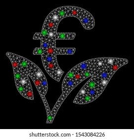 Bright mesh Euro startup sprout with glare effect. White wire carcass triangular mesh in vector format on a black background. Abstract 2d mesh designed with triangular lines, round dots,