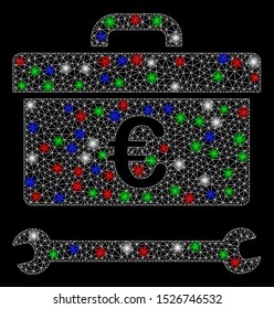 Bright mesh Euro toolbox with lightspot effect. White wire frame polygonal mesh in vector format on a black background. Abstract 2d mesh built from polygonal grid, small circle, colorful light spots.
