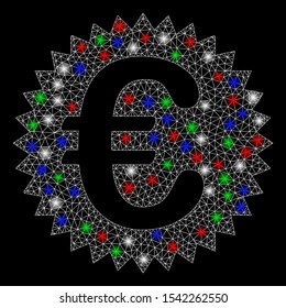 Bright mesh Euro warranty stamp with lightspot effect. White wire carcass triangular mesh in vector format on a black background. Abstract 2d mesh designed with triangular lines, points,