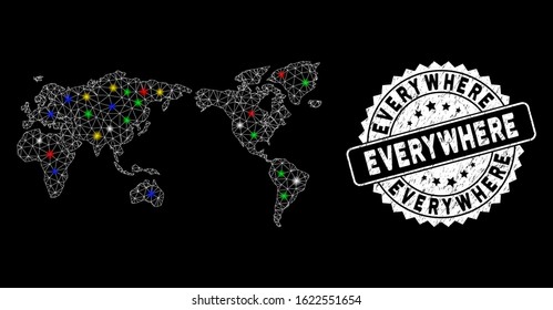 Bright mesh everywhere map with glare effect, and stamp. Wire carcass polygonal everywhere map mesh in vector format on a black background. White round rubber seal with rubber surface.