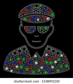 Bright mesh evil army general with glare effect. White wire carcass polygonal mesh in vector format on a black background. Abstract 2d mesh built from polygonal grid, dots, colorful glare spots.