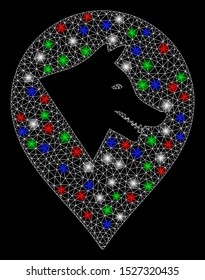 Bright mesh evil dog marker with glare effect. White wire carcass polygonal network in vector format on a black background. Abstract 2d mesh designed with polygonal grid, dots, colored flare spots.