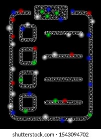 Bright mesh examination list with glare effect. White wire carcass polygonal mesh in vector format on a black background. Abstract 2d mesh designed with triangular lines, round dots,