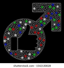 Bright mesh excellent erection symbol with glow effect. White wire carcass polygonal mesh in vector format on a black background. Abstract 2d mesh created from polygonal grid, points,