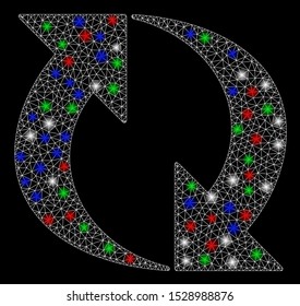 Bright mesh exchange with glow effect. White wire carcass triangular mesh in vector format on a black background. Abstract 2d mesh designed with polygonal grid, spheric points, colorful light spots.