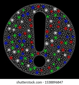 Bright mesh exclamation with glow effect. White wire frame polygonal mesh in vector format on a black background. Abstract 2d mesh built from polygonal grid, spheric points, colored flash spots.
