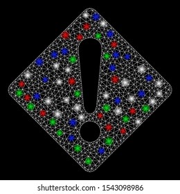 Bright mesh exclamation with glow effect. White wire frame triangular network in vector format on a black background. Abstract 2d mesh designed with triangular lines, round dots, colored glare spots.