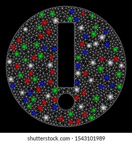 Bright mesh exclamation with lightspot effect. White wire frame triangular mesh in vector format on a black background. Abstract 2d mesh created from triangular lines, round dots, colored flare spots.