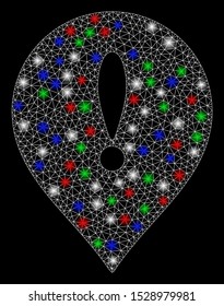 Bright mesh exclamation marker with glare effect. White wire carcass polygonal mesh in vector format on a black background. Abstract 2d mesh designed with triangles, dots, colored glare spots.