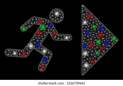 Bright mesh exit direction with glare effect. White wire frame triangular mesh in vector format on a black background. Abstract 2d mesh designed with triangular lines, spheric points,