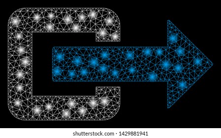 Bright mesh exit direction with glitter effect. Abstract illuminated model of exit direction icon. Shiny wire carcass triangular mesh exit direction. Vector abstraction on a black background.