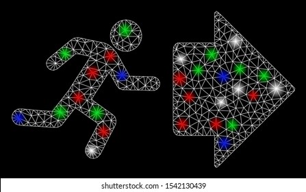 Bright mesh exit direction with lightspot effect. White wire carcass triangular mesh in vector format on a black background. Abstract 2d mesh designed with triangular lines, small circle,
