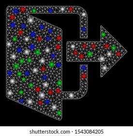 Bright mesh exit door with glare effect. White wire frame triangular mesh in vector format on a black background. Abstract 2d mesh built from triangular lines, points, colorful flash spots.