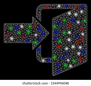 Bright mesh exit door with glare effect. White wire frame triangular mesh in vector format on a black background. Abstract 2d mesh created from triangular lines, points, colorful glare spots.