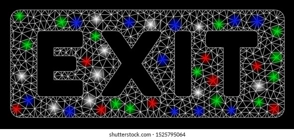 Bright mesh exit label with glow effect. White wire frame triangular mesh in vector format on a black background. Abstract 2d mesh designed with triangular lines, spheric points, colorful flash spots.