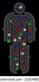 Bright mesh exoskeleton with glare effect. White wire frame triangular mesh in vector format on a black background. Abstract 2d mesh designed with triangular lines, small circle, colorful glare spots.